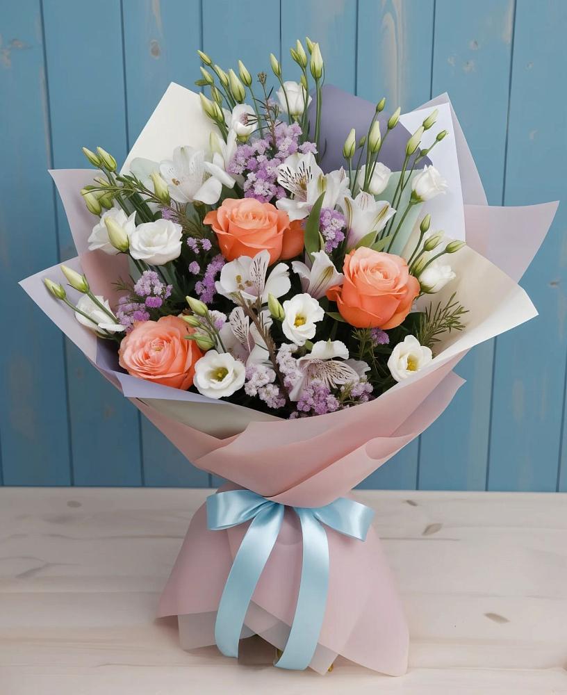 Букет цветов из: Лизиантусы, Розы, Альстромерии и Гипсофила в Солнечном Красноярского края
