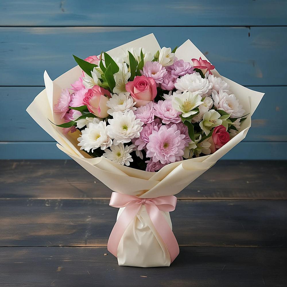 Букет цветов из: Хризантемы, Альстромерии и Розы в Солнечном Красноярского края